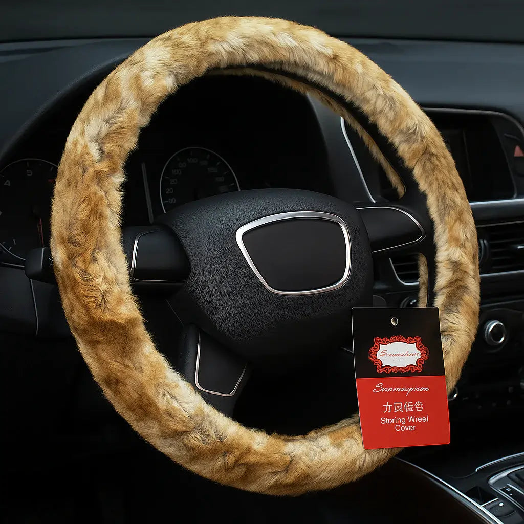 Fluffy brown steering wheel cover on a car steering wheel with a brand tag.
